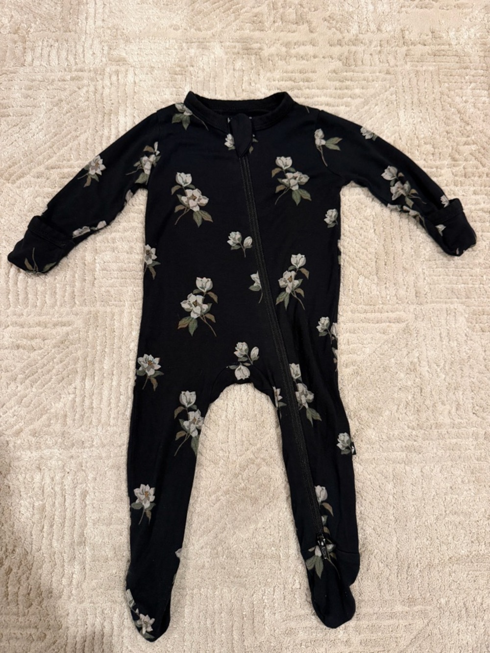 Kyte BABY Black Floral Zip-Front Footed One-Piece